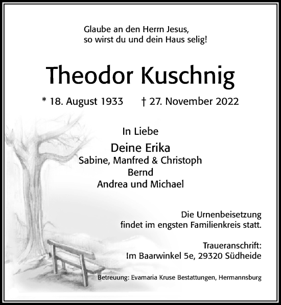 Traueranzeige von Theodor Kuschnig von Cellesche Zeitung
