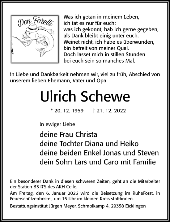 Traueranzeige von Ulrich Schewe von Cellesche Zeitung