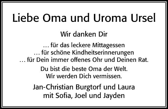 Traueranzeige von Ursel  von Cellesche Zeitung