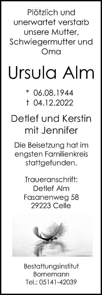 Traueranzeige von Ursula Alm von Cellesche Zeitung