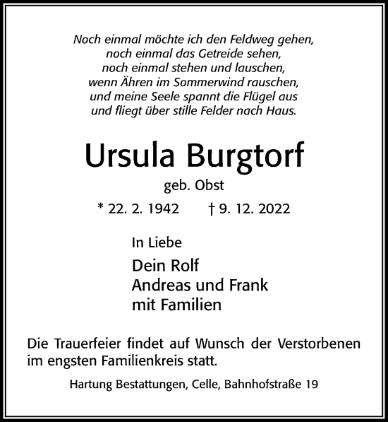 Traueranzeige von Ursula Burgtorf von Cellesche Zeitung