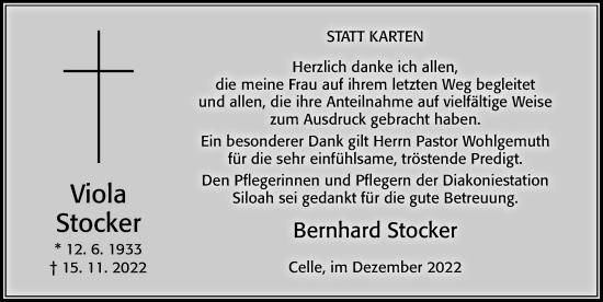 Traueranzeige von Viola Stocker von Cellesche Zeitung