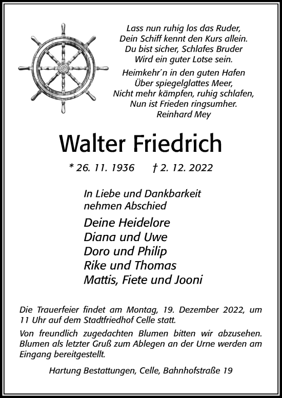 Traueranzeige von Walter Friedrich von Cellesche Zeitung