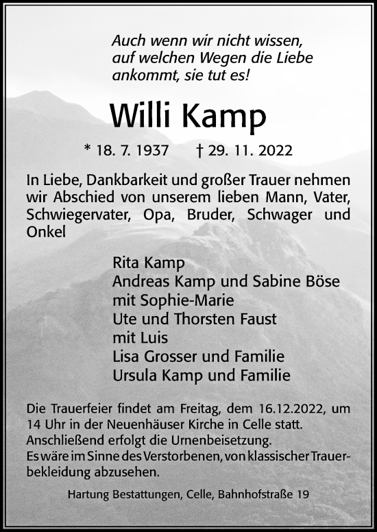 Traueranzeige von Willi Kamp von Cellesche Zeitung
