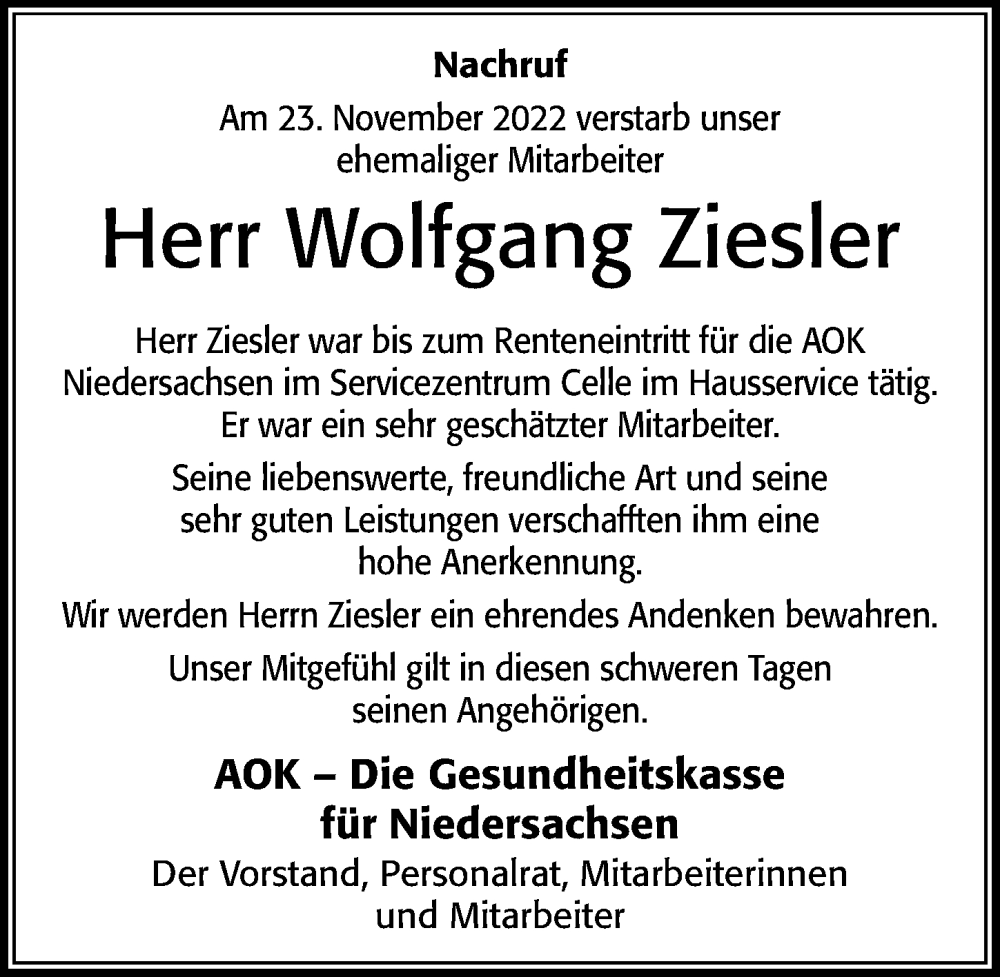  Traueranzeige für Wolfgang Ziesler vom 03.12.2022 aus Cellesche Zeitung