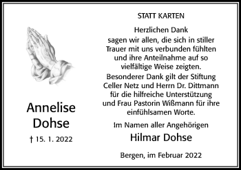 Traueranzeige von Annelise Dohse von Cellesche Zeitung