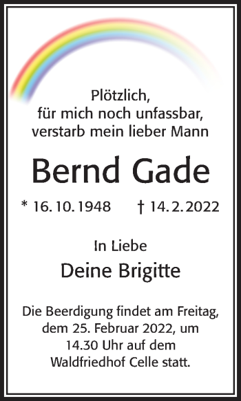 Traueranzeige von Bernd Gade von Cellesche Zeitung