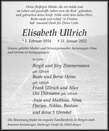Traueranzeige von Elisabeth Ullrich von Cellesche Zeitung