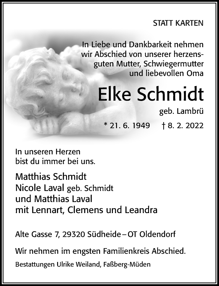  Traueranzeige für Elke Schmidt vom 12.02.2022 aus Cellesche Zeitung