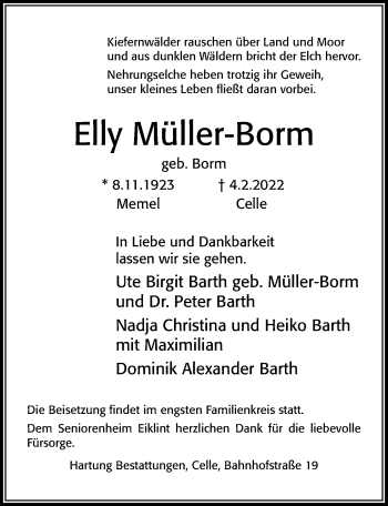 Traueranzeige von Elly Müller-Borm von Cellesche Zeitung