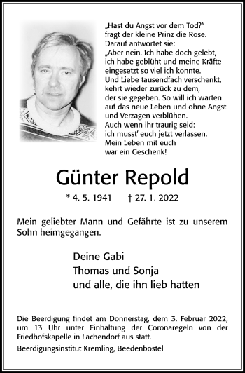 Traueranzeige von Günter Repold von Cellesche Zeitung