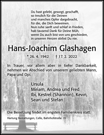 Traueranzeige von Hans-Joachim Glashagen von Cellesche Zeitung