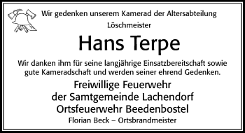 Traueranzeige von Hans Terpe von Cellesche Zeitung
