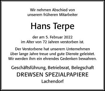 Traueranzeige von Hans Terpe von Cellesche Zeitung