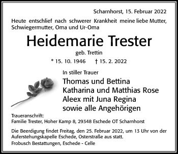 Traueranzeige von Heidemarie Trester von Cellesche Zeitung