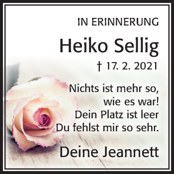 Traueranzeige von Heiko Sellig von Cellesche Zeitung