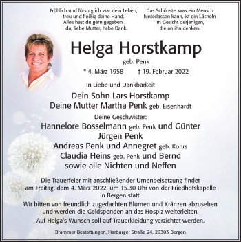 Traueranzeige von Helga Horstkamp von Cellesche Zeitung