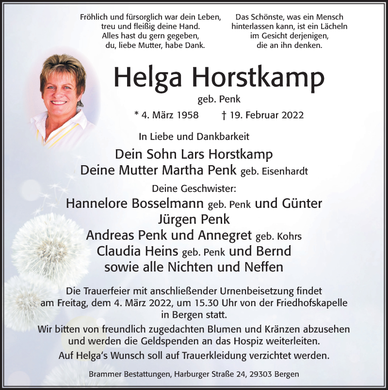  Traueranzeige für Helga Horstkamp vom 26.02.2022 aus Cellesche Zeitung