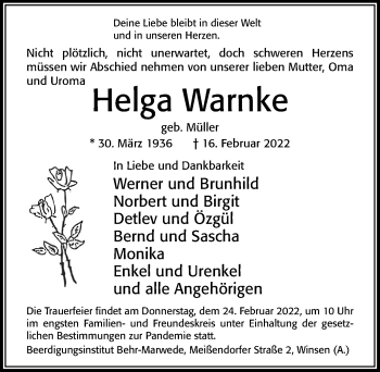 Traueranzeige von Helga Warnke von Cellesche Zeitung
