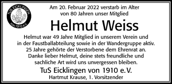 Traueranzeige von Helmut Weiss von Cellesche Zeitung