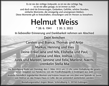 Traueranzeige von Helmut Weiss von Cellesche Zeitung