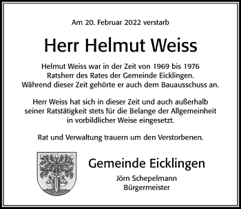 Traueranzeige von Helmut Weiss von Cellesche Zeitung
