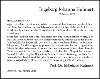 Traueranzeige von Ingeborg Johanna Kuhnert von Cellesche Zeitung