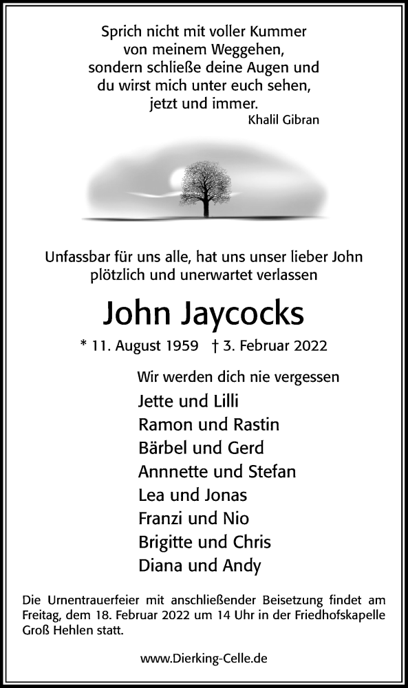  Traueranzeige für John Jaycocks vom 12.02.2022 aus Cellesche Zeitung