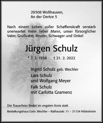 Traueranzeige von Jürgen Schulz von Cellesche Zeitung