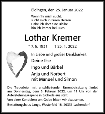Traueranzeige von Lothar Kremer von Cellesche Zeitung