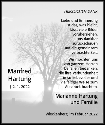 Traueranzeige von Manfred Hartung von Cellesche Zeitung