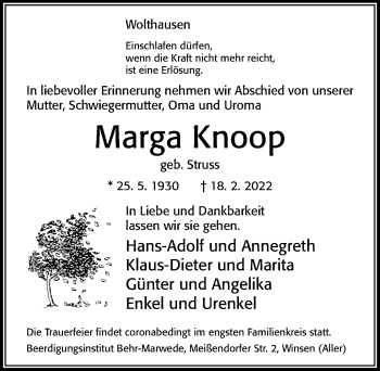 Traueranzeige von Marga Knoop von Cellesche Zeitung