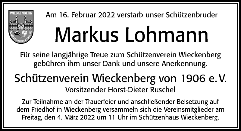  Traueranzeige für Markus Lohmann vom 26.02.2022 aus Cellesche Zeitung