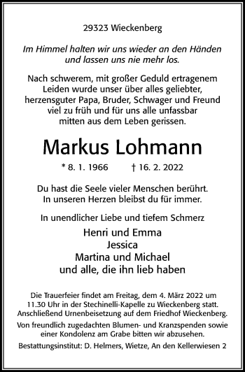 Traueranzeige von Markus Lohmann von Cellesche Zeitung