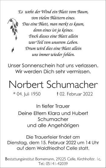 Traueranzeige von Norbert Schumacher von Cellesche Zeitung
