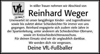 Traueranzeige von Reinhard Weger von Cellesche Zeitung