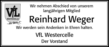 Traueranzeige von Reinhard Weger von Cellesche Zeitung