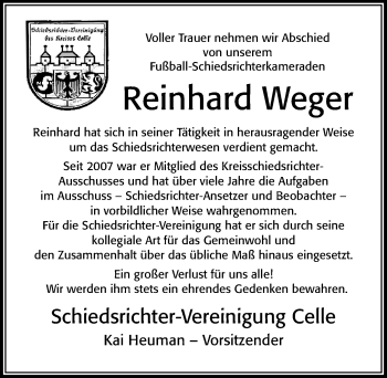 Traueranzeige von Reinhard Weger von Cellesche Zeitung