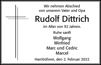 Traueranzeige von Rudolf Dittrich von Cellesche Zeitung