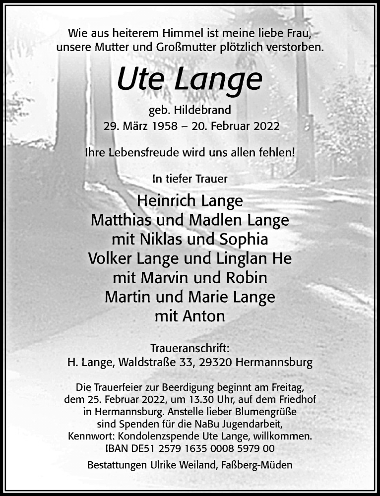  Traueranzeige für Ute Lange vom 23.02.2022 aus Cellesche Zeitung