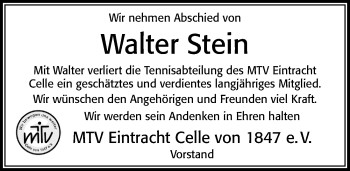 Traueranzeige von Walter Stein von Cellesche Zeitung