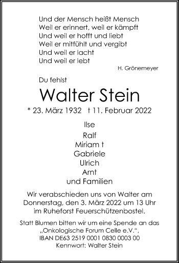 Traueranzeige von Walter Stein von Cellesche Zeitung