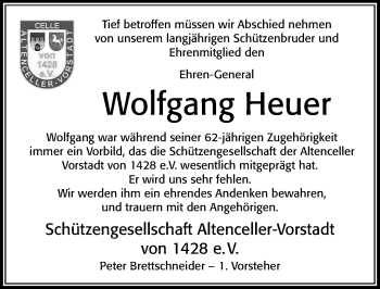 Traueranzeige von Wolfgang Heuer von Cellesche Zeitung