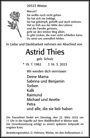 Traueranzeige von Astrid Thies von Cellesche Zeitung