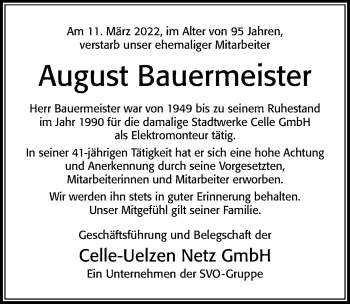 Traueranzeige von August Bauermeister von Cellesche Zeitung