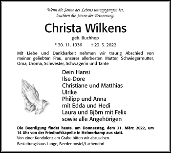 Traueranzeige von Christa Wilkens von Cellesche Zeitung