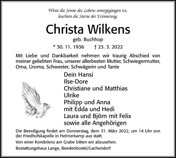 Traueranzeige von Christa Wilkens von Cellesche Zeitung