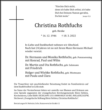 Traueranzeige von Christina Rothfuchs von Cellesche Zeitung