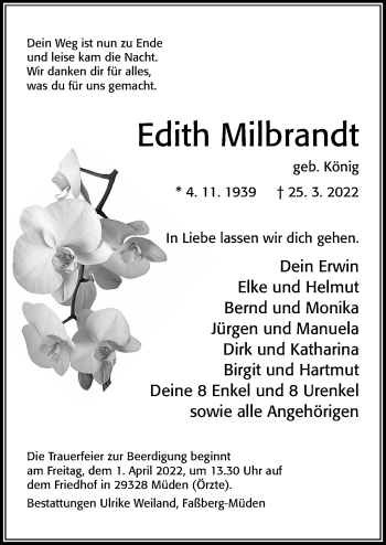 Traueranzeige von Edith Milbrandt von Cellesche Zeitung