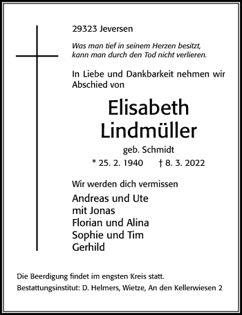 Traueranzeige von Elisabeth Lindmüller von Cellesche Zeitung